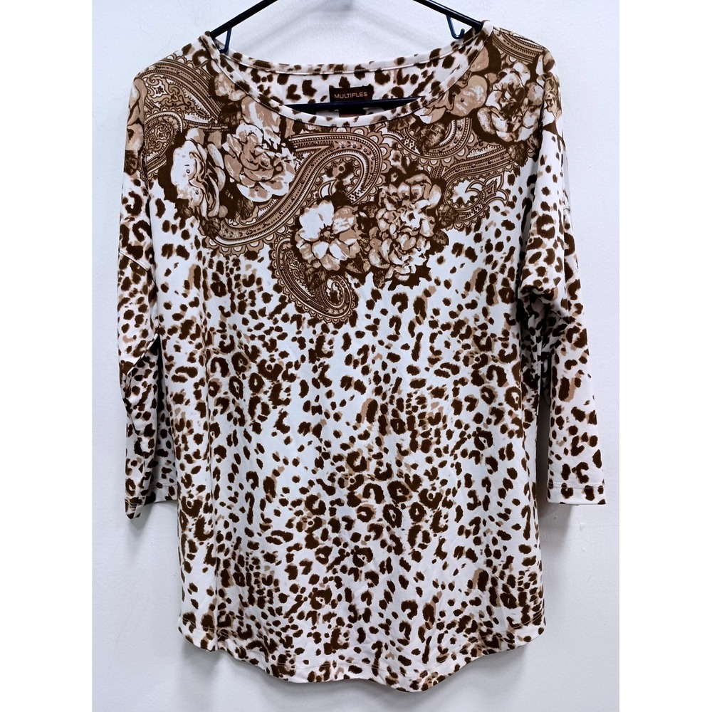 Multiples Wearable Art Top Women‎ Medium Brown Animal Print Leopard Embellished